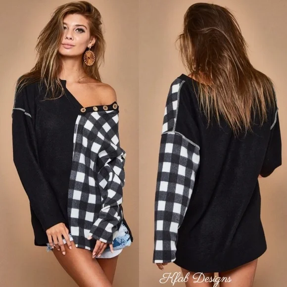 BiBi V-Neck Brushed Knit Dropped Shoulder Plaid Color Block PulloverTop Black - Picture 12 of 16
